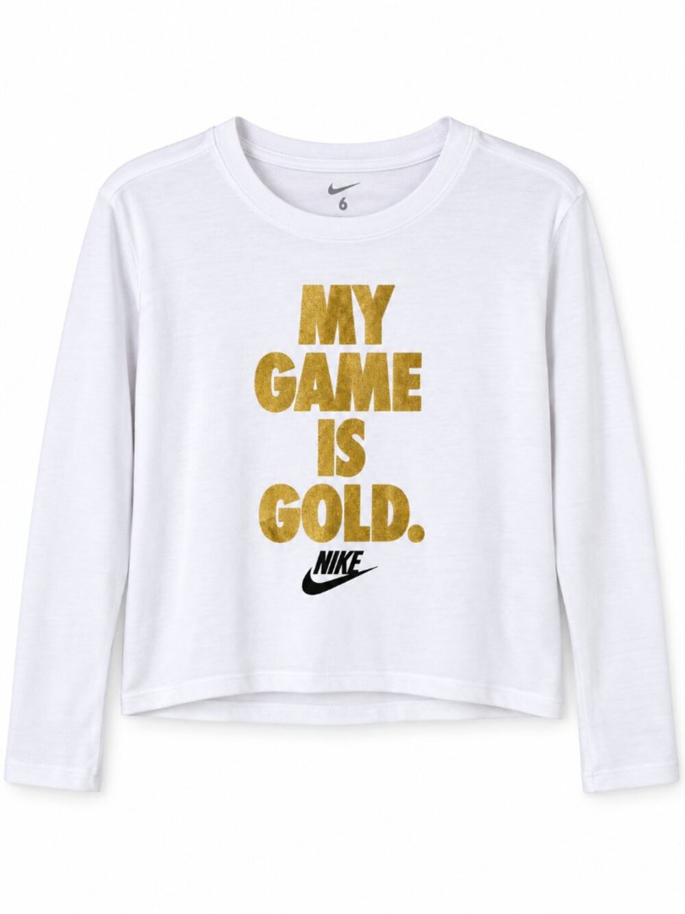 Nike Girls The Nike Tee Size 6 White Gold Graphic Long Sleeve Shirt NWT Athletic